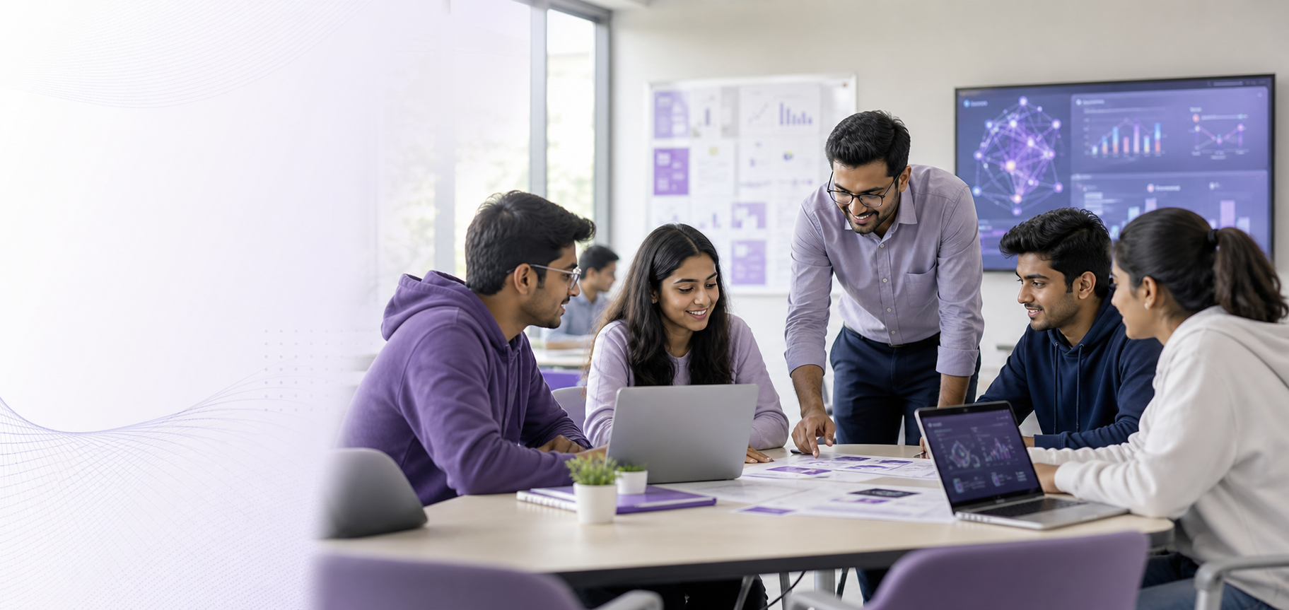 College students and faculty mentor collaborating on AI career projects