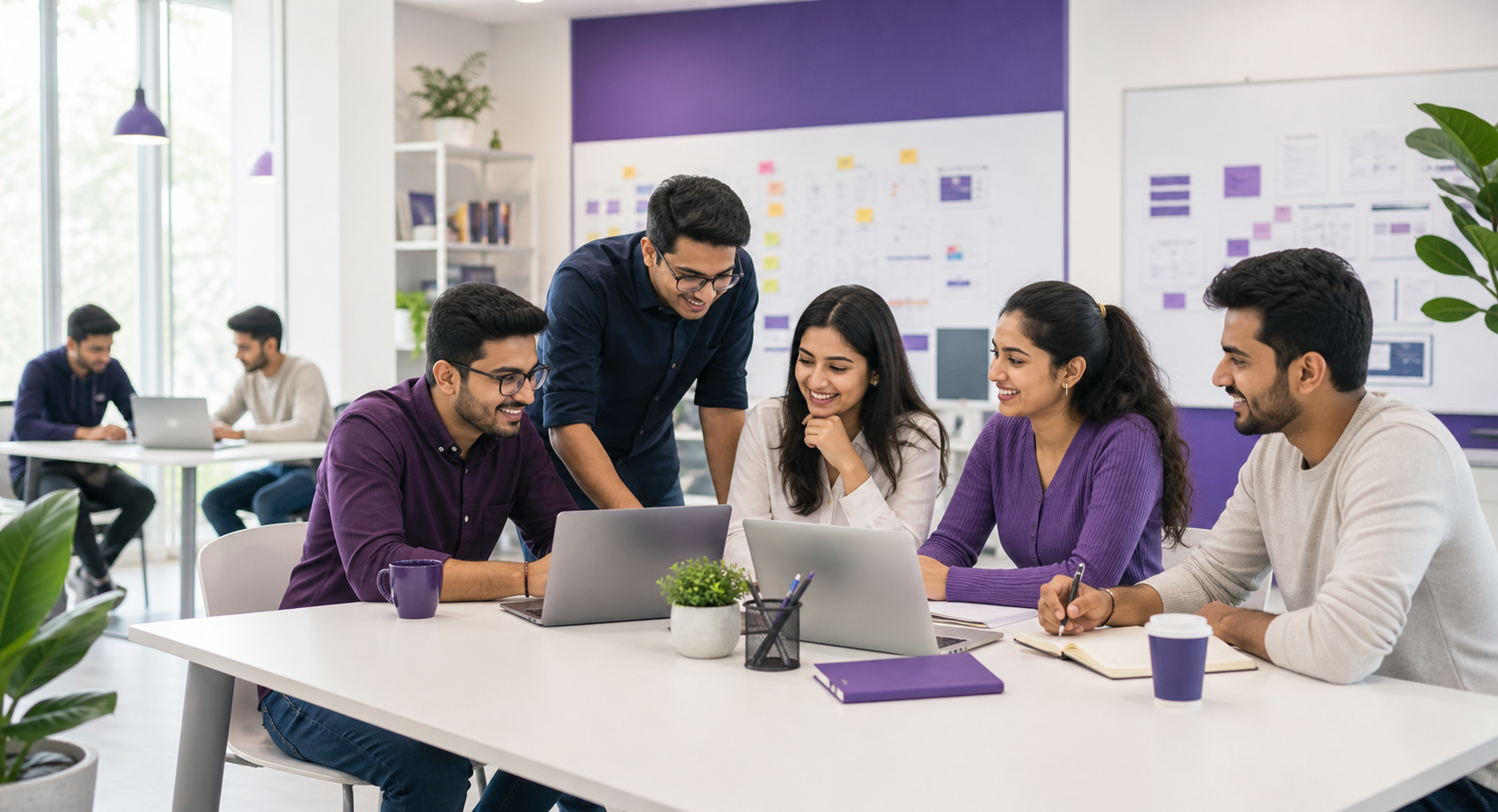 TechLearn India team collaborating in a bright work culture setting